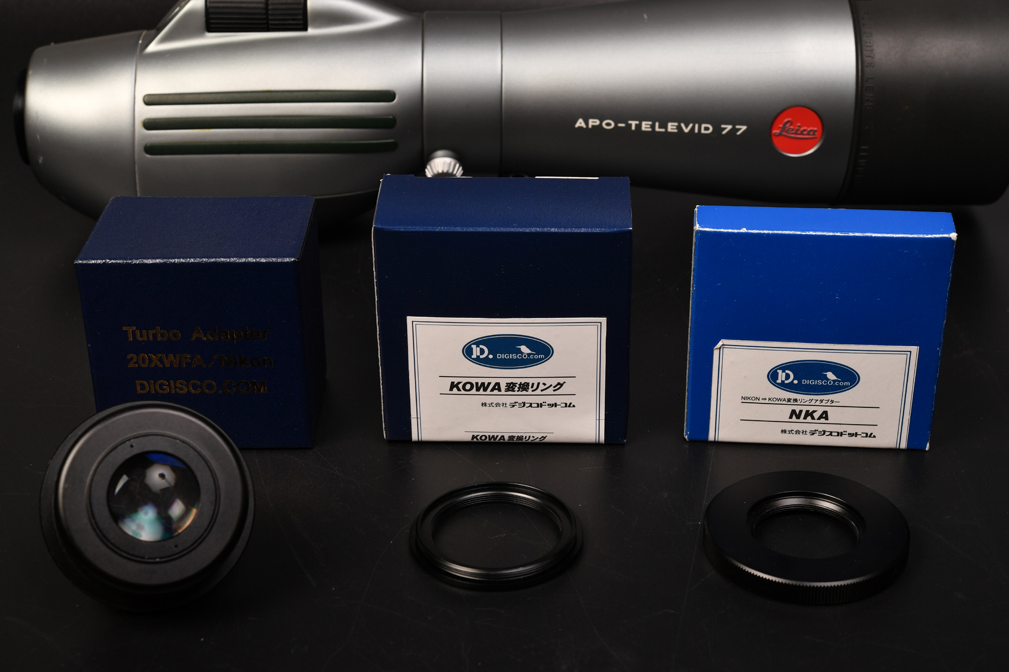 Leica APO-TELEVID 77にNikon用接眼レンズ　KOWA変換リング＋NKA